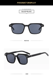 Vues détaillées de lunettes de soleil carrées noires avec rivets argentés et verres gris
