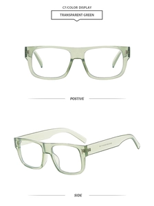 Front and side views of transparent green square frame sunglasses with metal accents