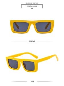 Front and side view of retro rectangular thick frame sunglasses in bright yellow and black