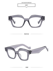 Front and side view of grey geometric square frame sunglasses with thick resin rims