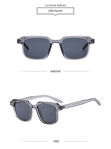 Vue détaillée de lunettes de soleil carrées grises avec rivets classiques sur la monture