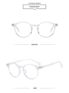 Detail view of transparent oval vintage glasses frame in clear resin from front and side