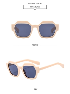 Detail view of beige geometric polygon sunglasses with dark lenses from front and side
