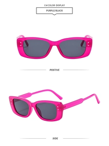 Detail view of pink square retro sunglasses with dark grey lenses in various angles