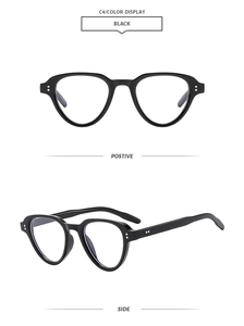 Front and side views of black retro sunglasses with metal rice studs decoration