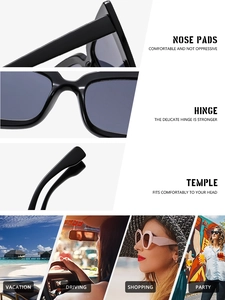 Detail view of square black sunglasses with durable hinges and lifestyle use scenes
