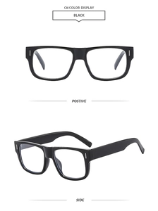 Classic black square frame sunglasses with retro metal studs shown in front and side views