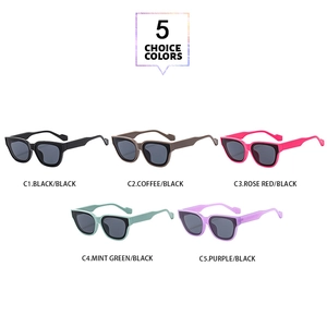 Detail shot of five colorful square sunglasses featuring unique wavy geometric temples