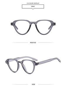 Front and side views of gray translucent small frame sunglasses with chic rice nail details