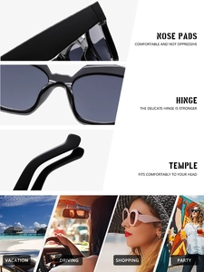 Detailed views of sunglasses frame hinges, nose pads and outdoor lifestyle scenarios