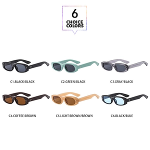 Showcase of six vintage small oval frame sunglasses in various trendy colors with rivets