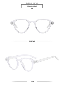 Detailed views of transparent retro small frame sunglasses from front and side angles