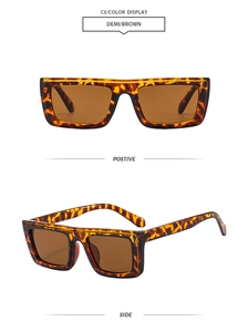 Detail view of retro square tortoise shell sunglasses with dark brown lenses