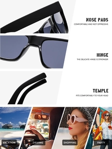 Detail of ergonomic nose pads, sturdy metal hinges and square sunglasses lifestyle scenes
