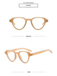 Detail of brown translucent eyewear frame with metallic rivets and vintage small frame design