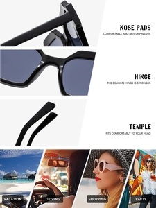 Close-up of metal hinges and integrated nose pads on black geometric sunglasses