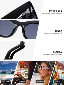 Detail of ergonomic nose pads and metal hinges on stylish cat eye sunglasses