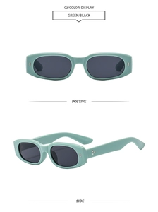 Detailed views of retro oval sunglasses in mint green with silver arrow accents
