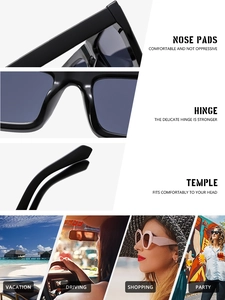 Detail view of square black sunglasses with sturdy hinges and comfortable nose pads