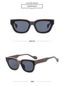 Macro detail of retro square cat-eye sunglasses in coffee and black color options