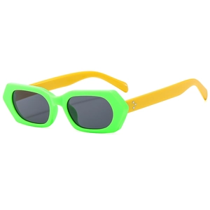 Modern square sunglasses with bright green frame and yellow temples in bold street style