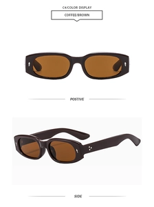 Detail view of retro oval sunglasses in coffee brown with silver rivet accents