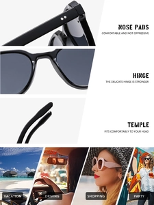 Detail view of reinforced hinges and ergonomic temples on black retro sunglasses