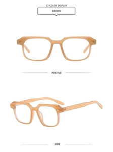 Détails de lunettes de soleil carrées rétro marron avec rivets métalliques sur le côté