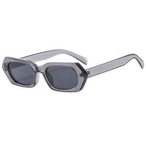 Fashionable hexagonal translucent gray sunglasses with dark lenses and metal accents