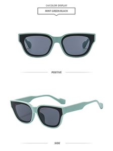 Detailed front and side views of mint green and black retro square sunglasses for women