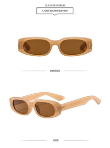 Detailed front and side views of light brown oval sunglasses with metal rivet accents