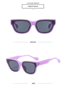 Detail view showing front and side angles of purple cat-eye sunglasses with black lenses