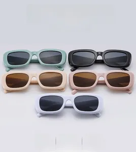 Collection of retro rectangular sunglasses in mint green, black, beige, pink and white