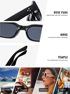 Detailed views of comfort nose pads, sturdy hinges, and ergonomic sunglasses design