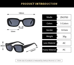 Detailed size chart for square vintage sunglasses showing frame width and lens dimensions