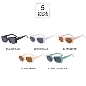 Detailed grid of retro square sunglasses in five trendy colors from black to mint green