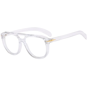 Detail of transparent oversized sunglasses frame with golden arrow metal hinges