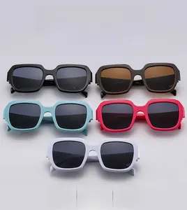 Collection of retro square frame sunglasses in black, amber, blue, rose, and white