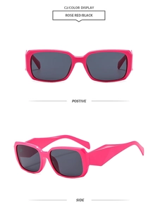 Detailed views of rose red square sunglasses with thick frames and dark lenses
