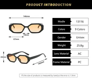 Detailed size chart for vintage square sunglasses with frame and lens dimensions in mm