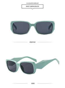 Front and side view of mint green retro square sunglasses with black polarized lenses