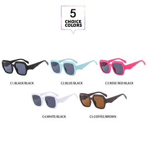 Five assorted colors of oversized square sunglasses with thick retro frames on white background