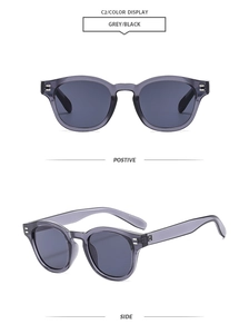 Detail view showing front and side angles of grey square frame sunglasses with metal studs