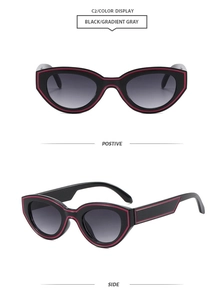 Vorder- und Seitenansicht der schwarzen Cat-Eye-Hip-Hop-Sonnenbrille mit roten Akzenten