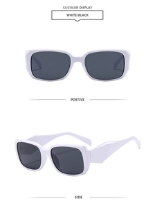 Detailed front and side views of white rectangular frame sunglasses with dark gray lenses