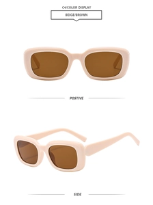Detail view of square beige sunglasses with brown lenses showing front and side profile