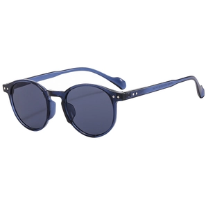 Retro round frame sunglasses with dark blue translucent frame and grey polarized lenses