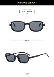 Vue détaillée de lunettes de soleil carrées noires avec accents argentés et verres