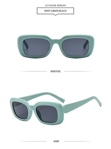 Detail view of mint green square sunglasses with black lenses from multiple angles