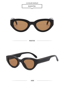 Front- und Seitenansicht der Vintage Katzenaugen-Sonnenbrille mit schwarzen Rahmen